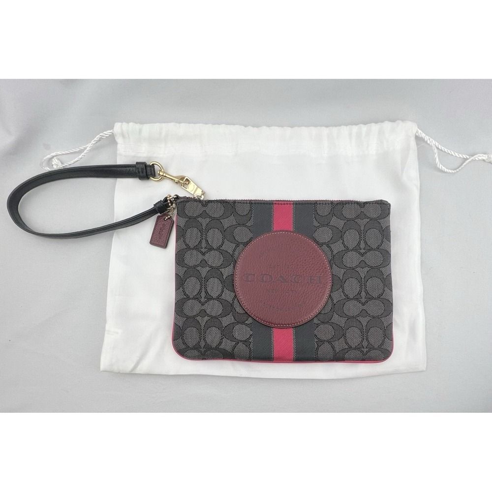 COACH Dempsey Signature Jacquard Heritage Stripe Wristlet Pouch Clutch Blk Wine